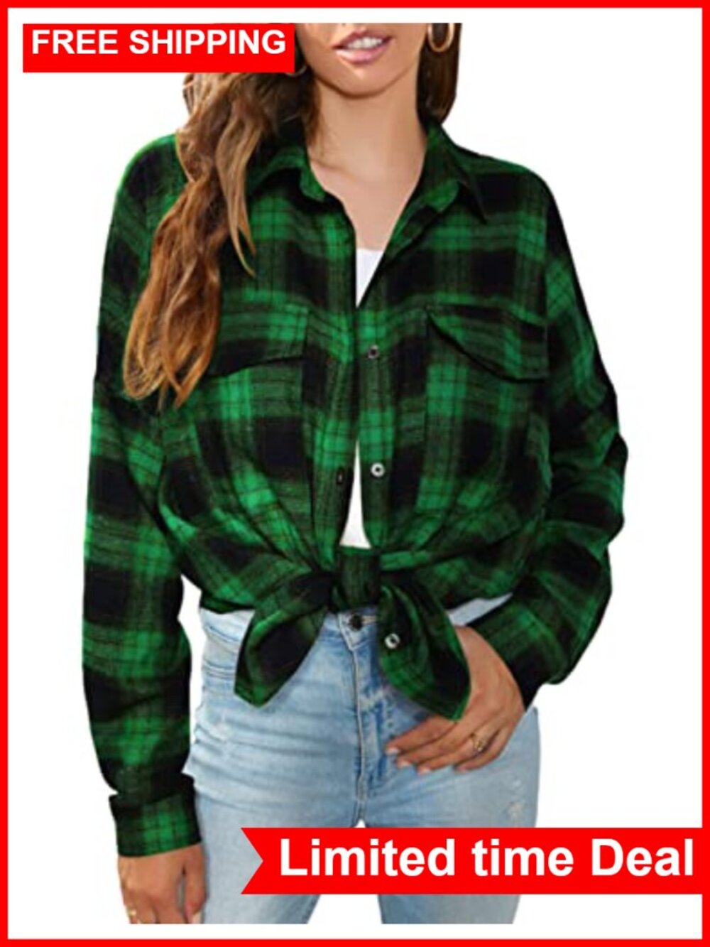 Oversized Plaid Button Down Shacket Long Sleeve Flannel Shirt
